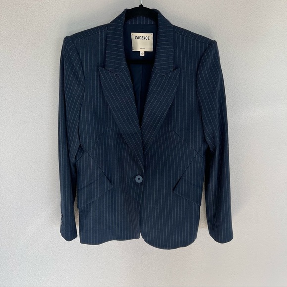 L'Agence Chamberlain Pinstripe Blazer Navy Ivory Herringbone Woven Women’s 8 - Picture 3 of 13